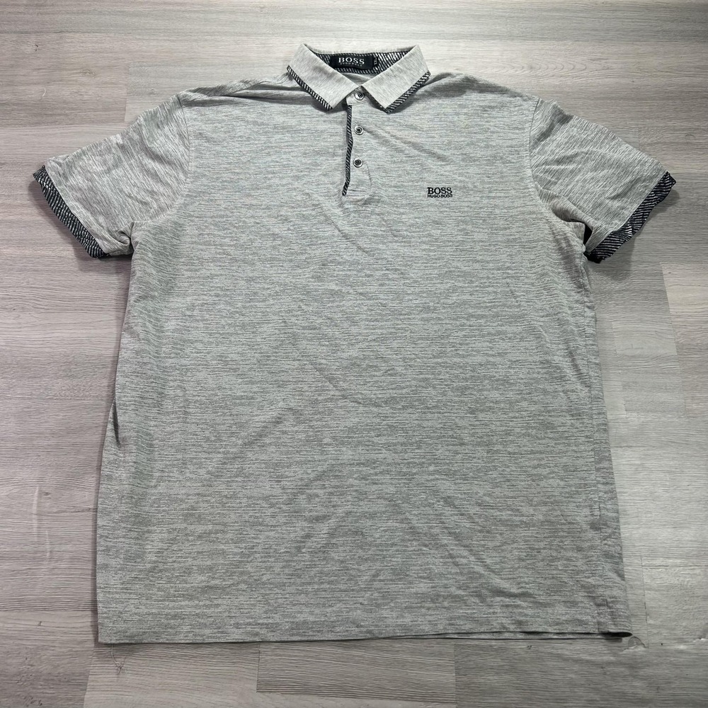 BOSS Hugo Boss Polo Shirt Mens 2XL Gray Solid Cotton Blend Short Sleeve Casual